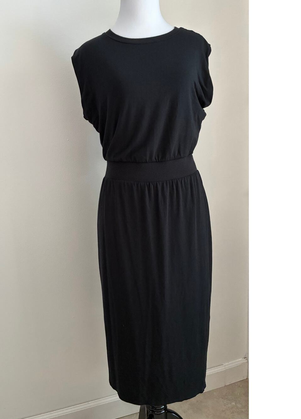 Athleta Santorini Cinch Dress Womens Small Black Modal Stretch Midi Travel